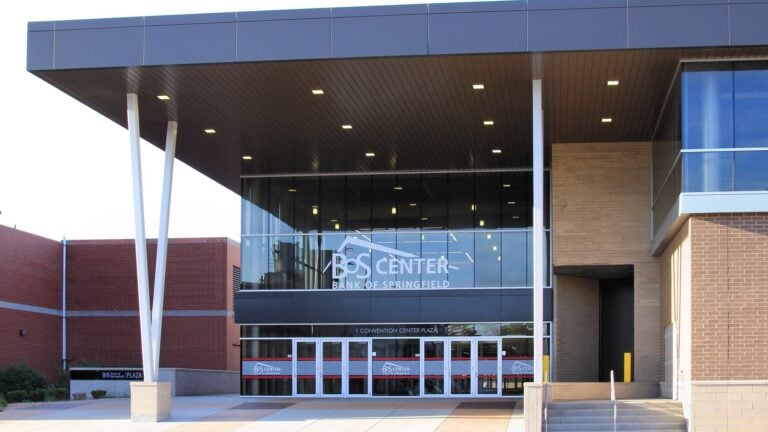 The glass main entrance of the BOS Center convention center in downtown Springfield, Illinois.
