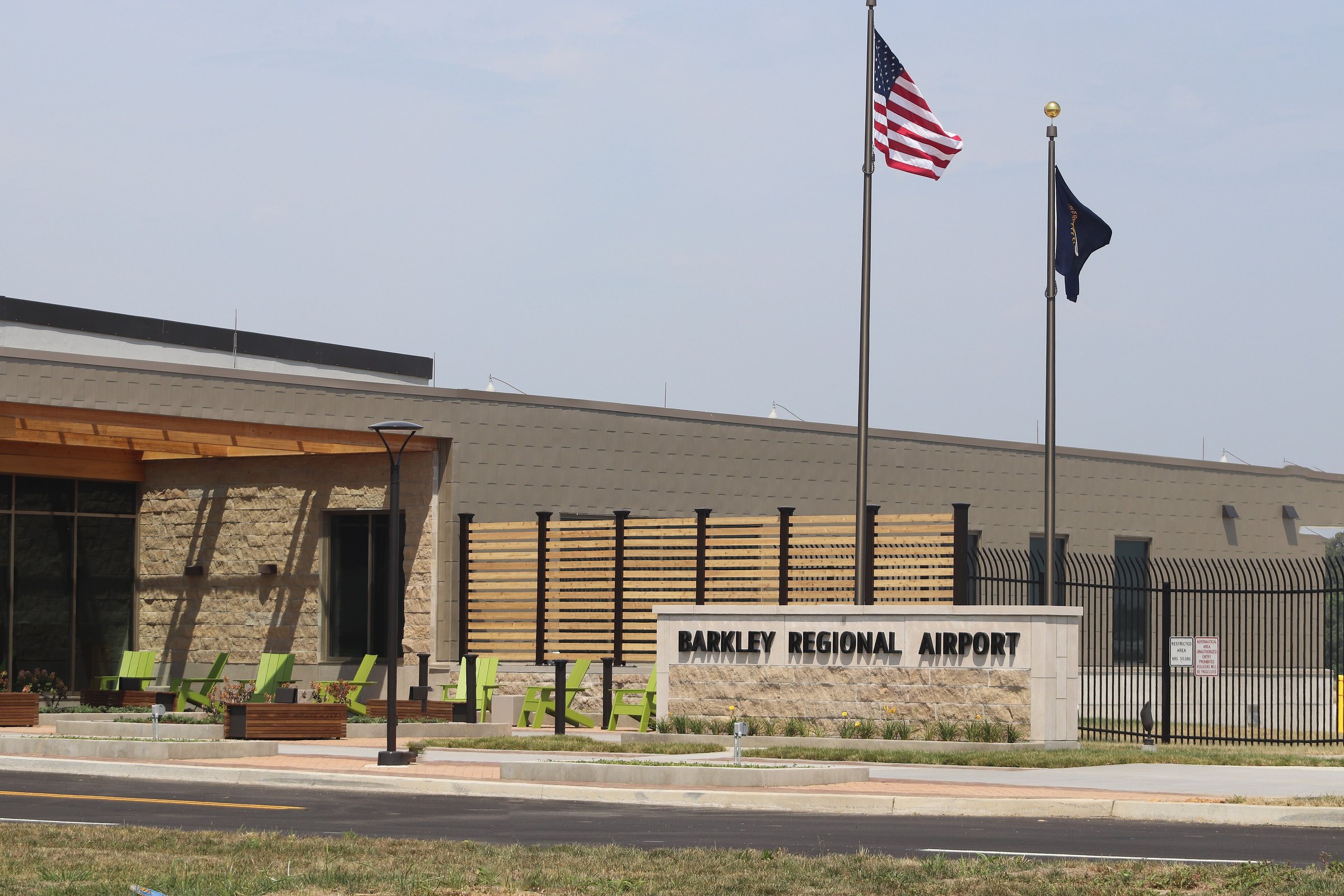 The terminal building and entrance sign at Barkley Regional Airport near Paducah, Kentucky