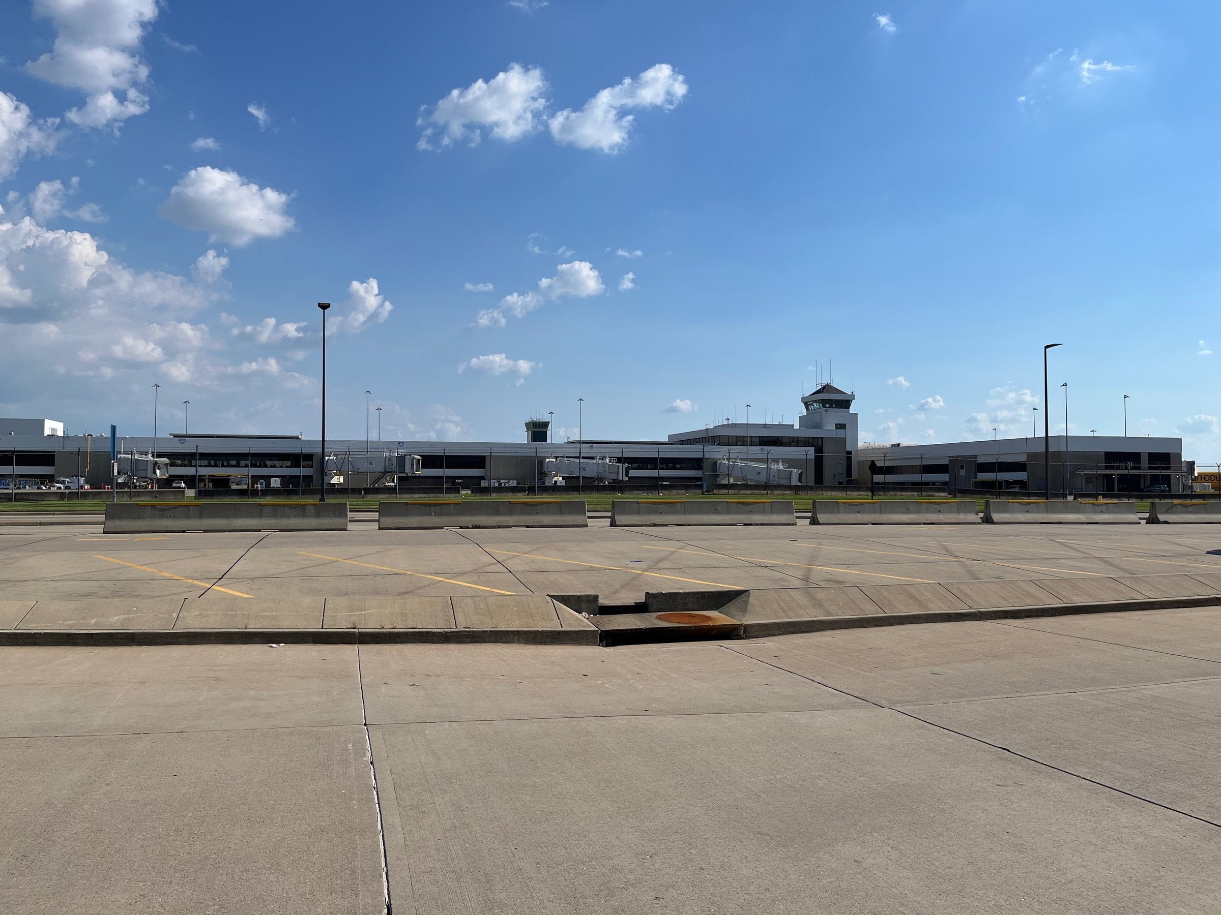 The terminal building and control tower seen across the ramp at Cincinnati/Northern Kentucky International Airport in Hebron, Kentucky