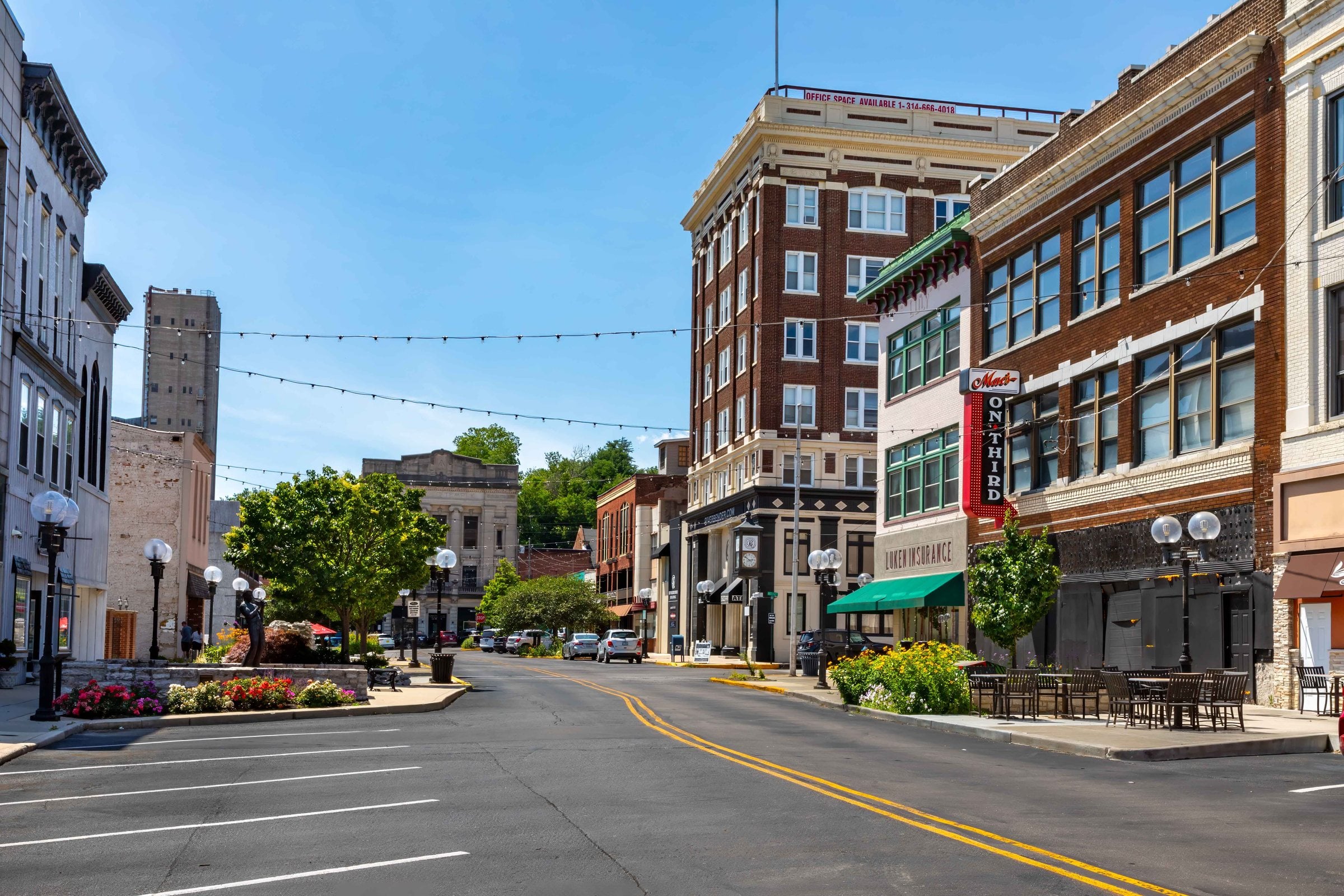 Historic brick storefronts along a downtown street in the Middletown Historic District of Alton, Illinois