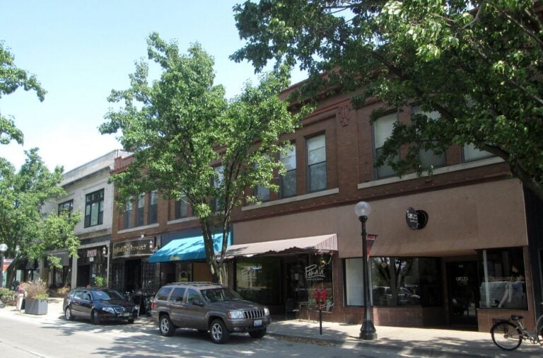 Shops and parked cars along North Neil Street in downtown Champaign, Illinois.