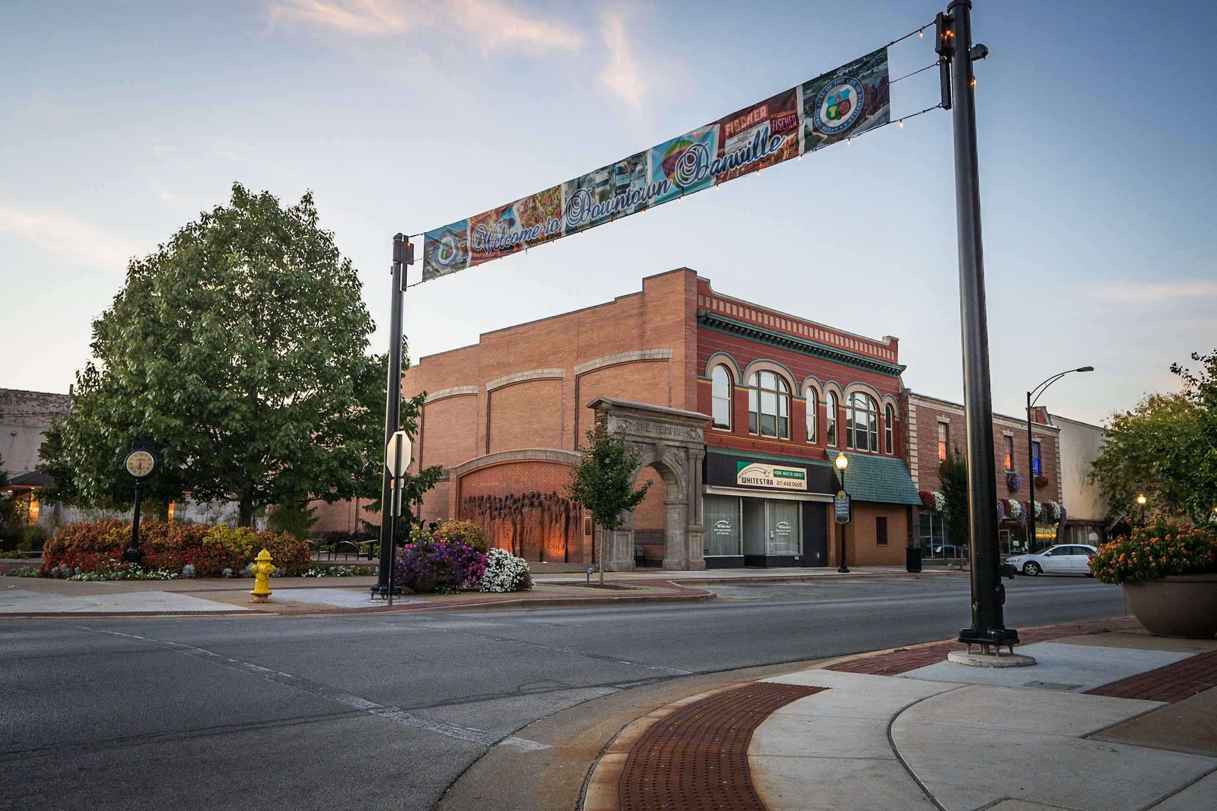 The Welcome to Downtown Danville banner over Temple Plaza in Danville, Illinois