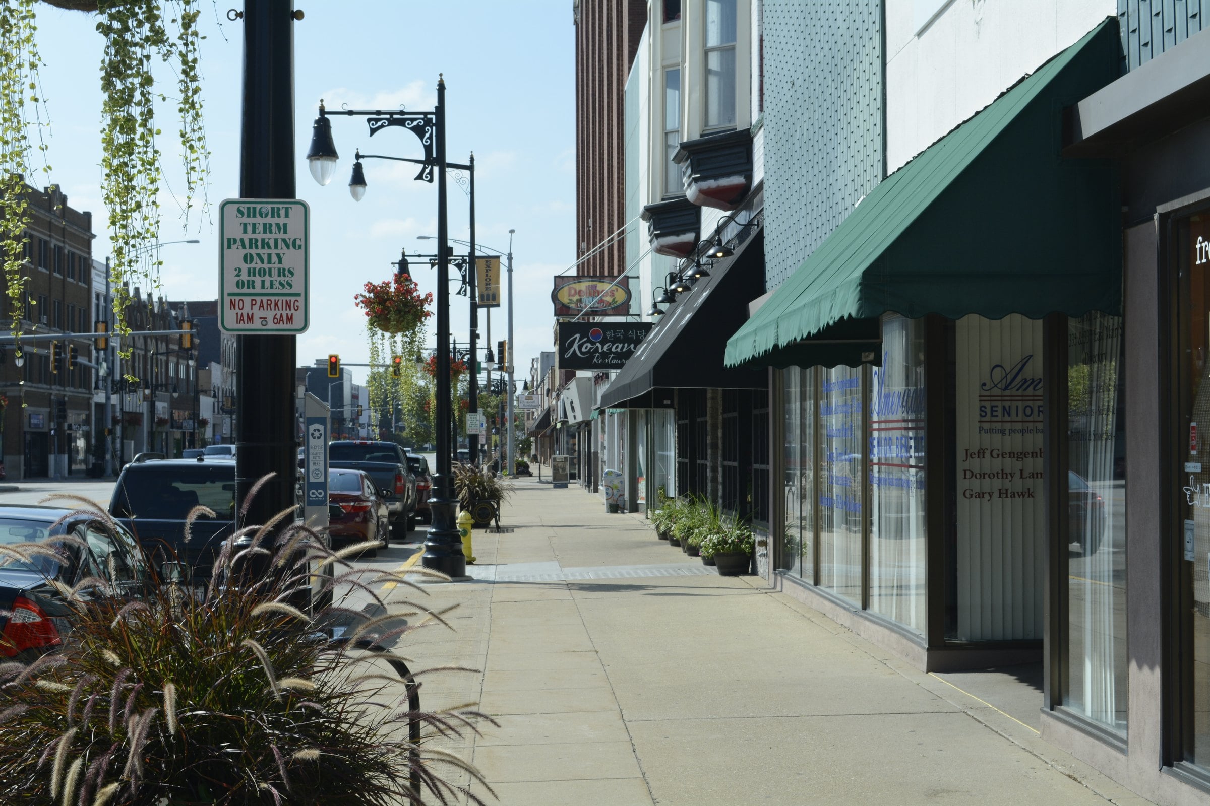 Storefronts and awnings along Main Street in downtown Galesburg, Illinois