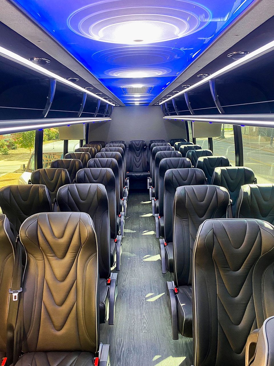 Interior of an Executive Transportation shuttle coach prepared for a scheduled loop