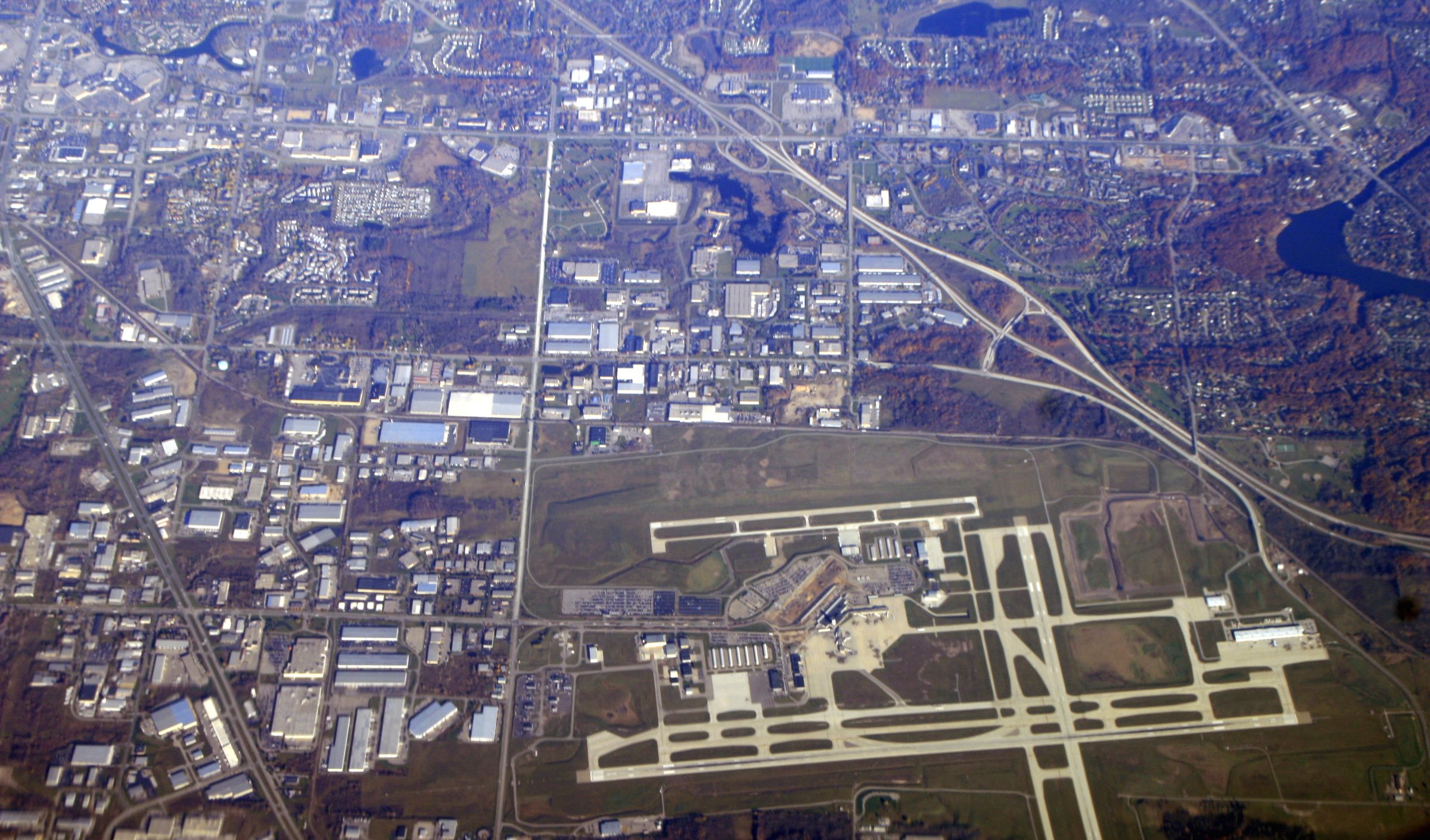 Aerial view of the runways and terminal at Gerald R. Ford International Airport near Grand Rapids