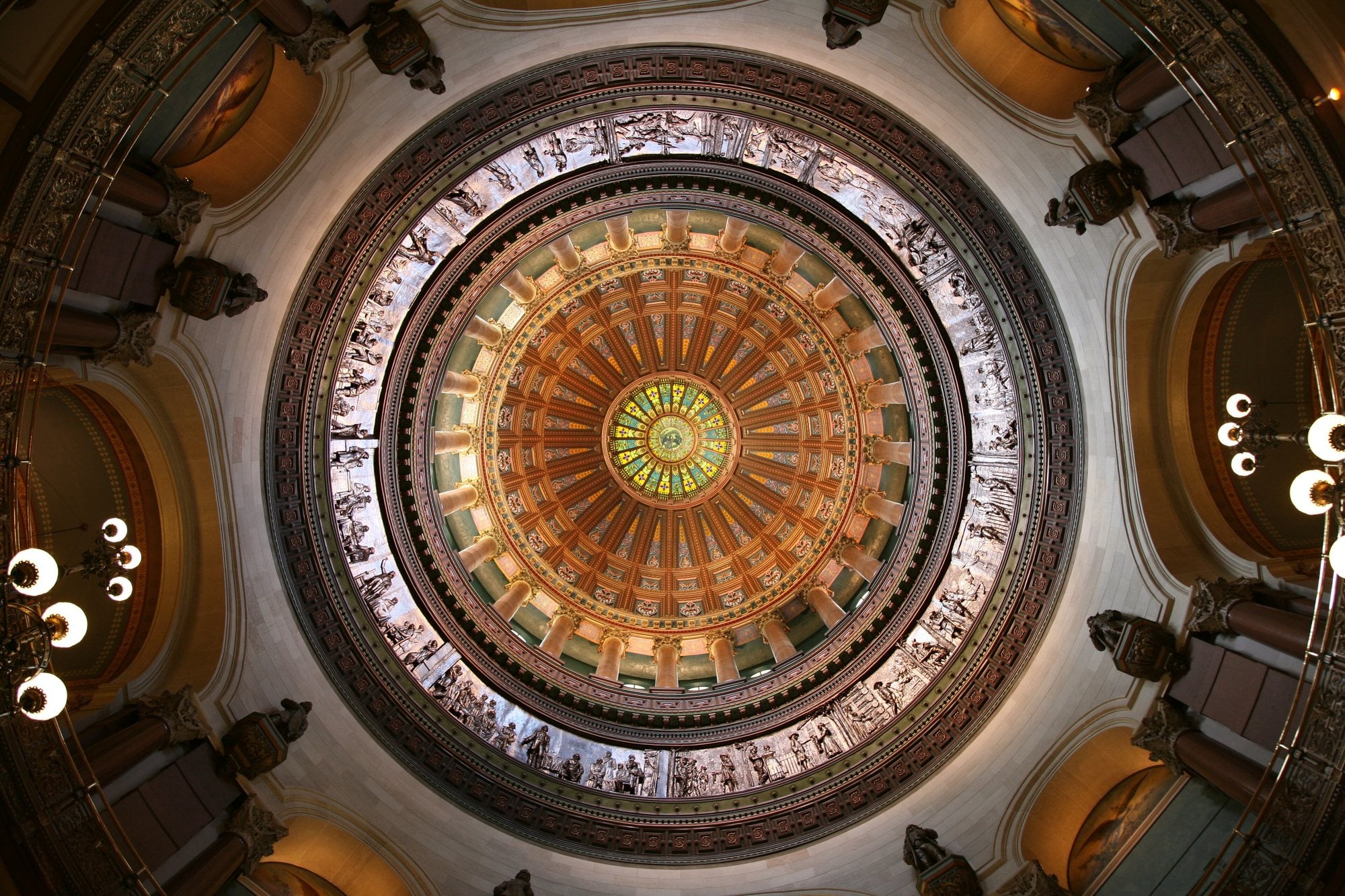 Looking up into the ornate rotunda dome of the Illinois State Capitol in Springfield.
