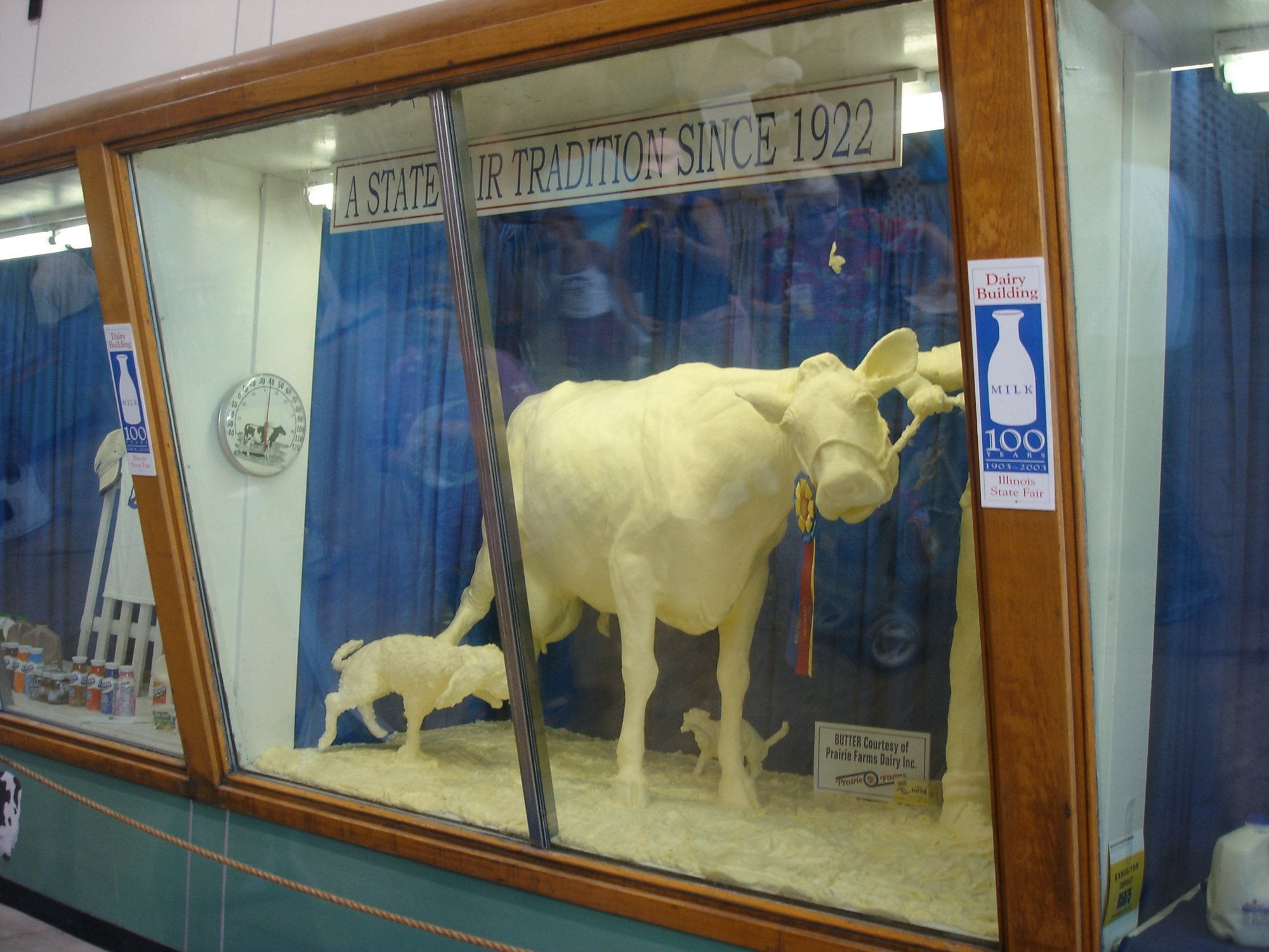 The butter cow sculpture in its refrigerated glass case at the Illinois State Fair.