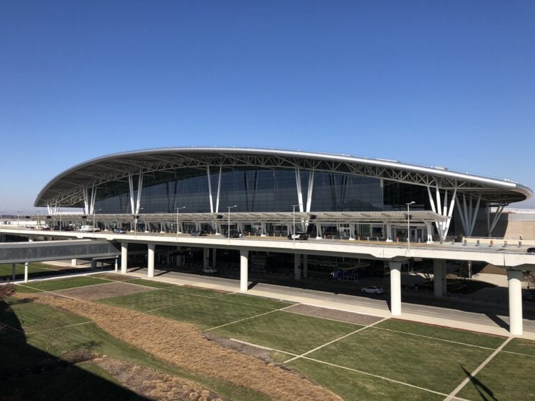 The curved roofline of the Colonel H. Weir Cook Terminal at Indianapolis International Airport