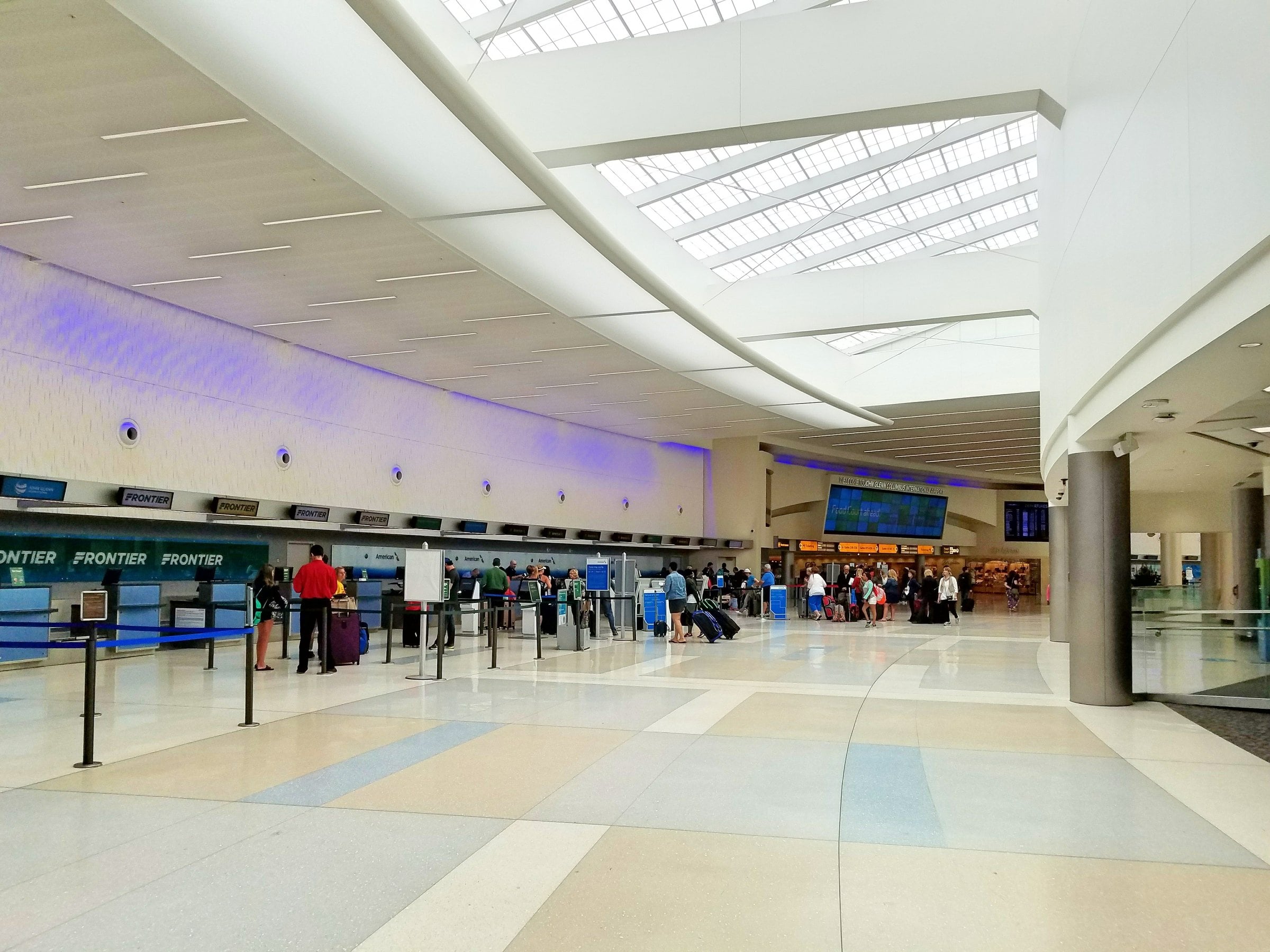 The skylit departures level ticketing hall at John Glenn Columbus International Airport