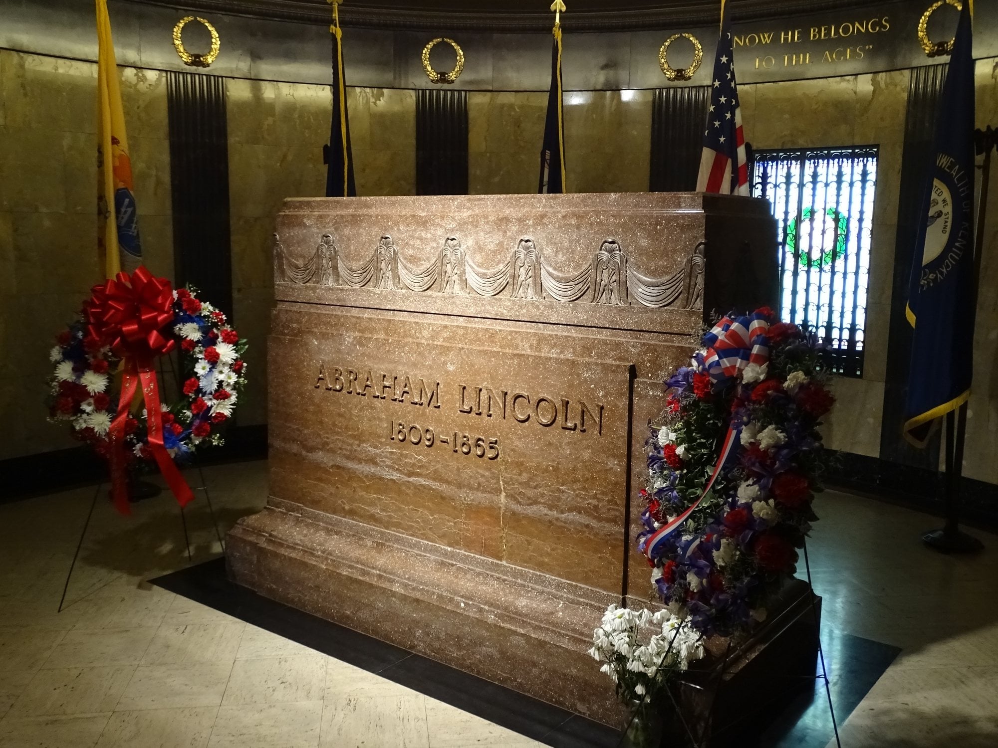 The obelisk and stone terrace of Lincoln's Tomb at Oak Ridge Cemetery in Springfield, Illinois.