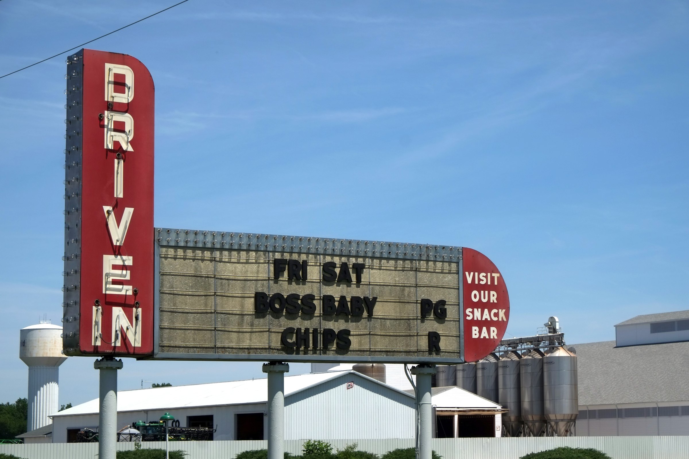 Neon drive-in theater sign along historic Route 66 in Litchfield, Illinois