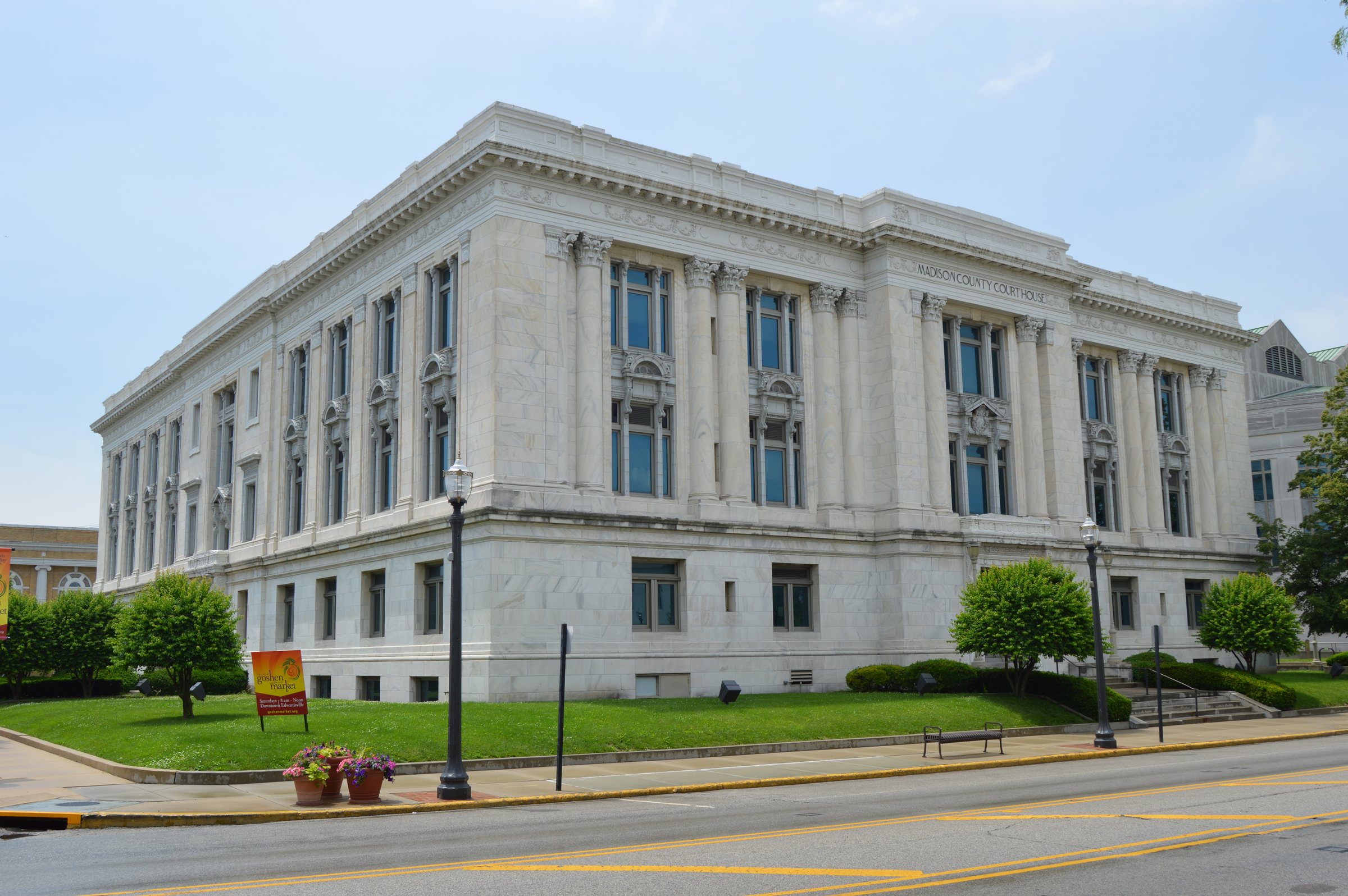 The white marble Madison County Courthouse on North Main Street in Edwardsville, Illinois