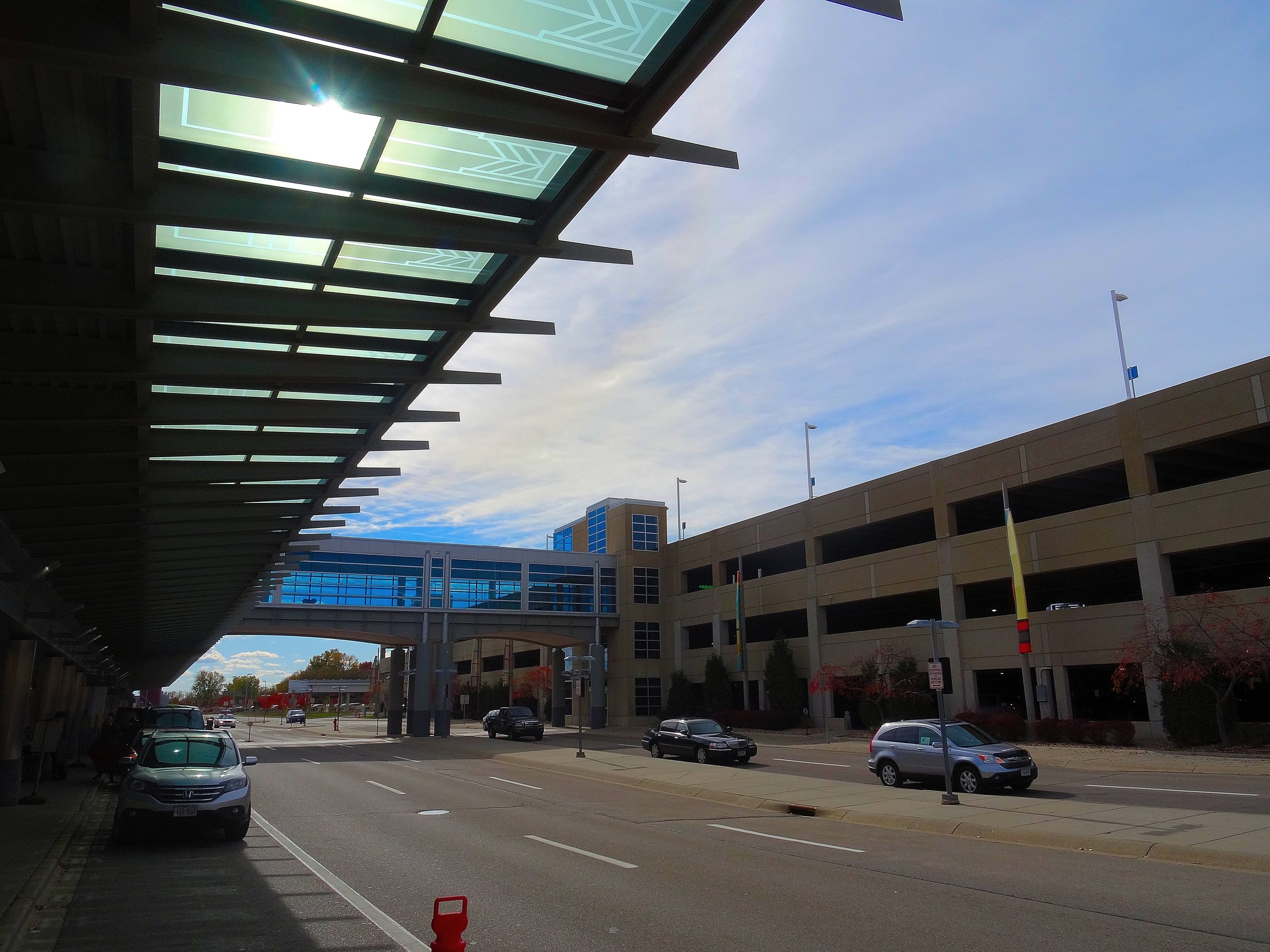 The terminal roadway, skywalk and parking ramp outside the entrance at Dane County Regional Airport in Madison