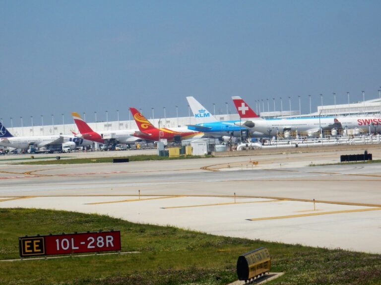 International widebody airliners parked at the Terminal 5 gates at Chicago O'Hare International Airport