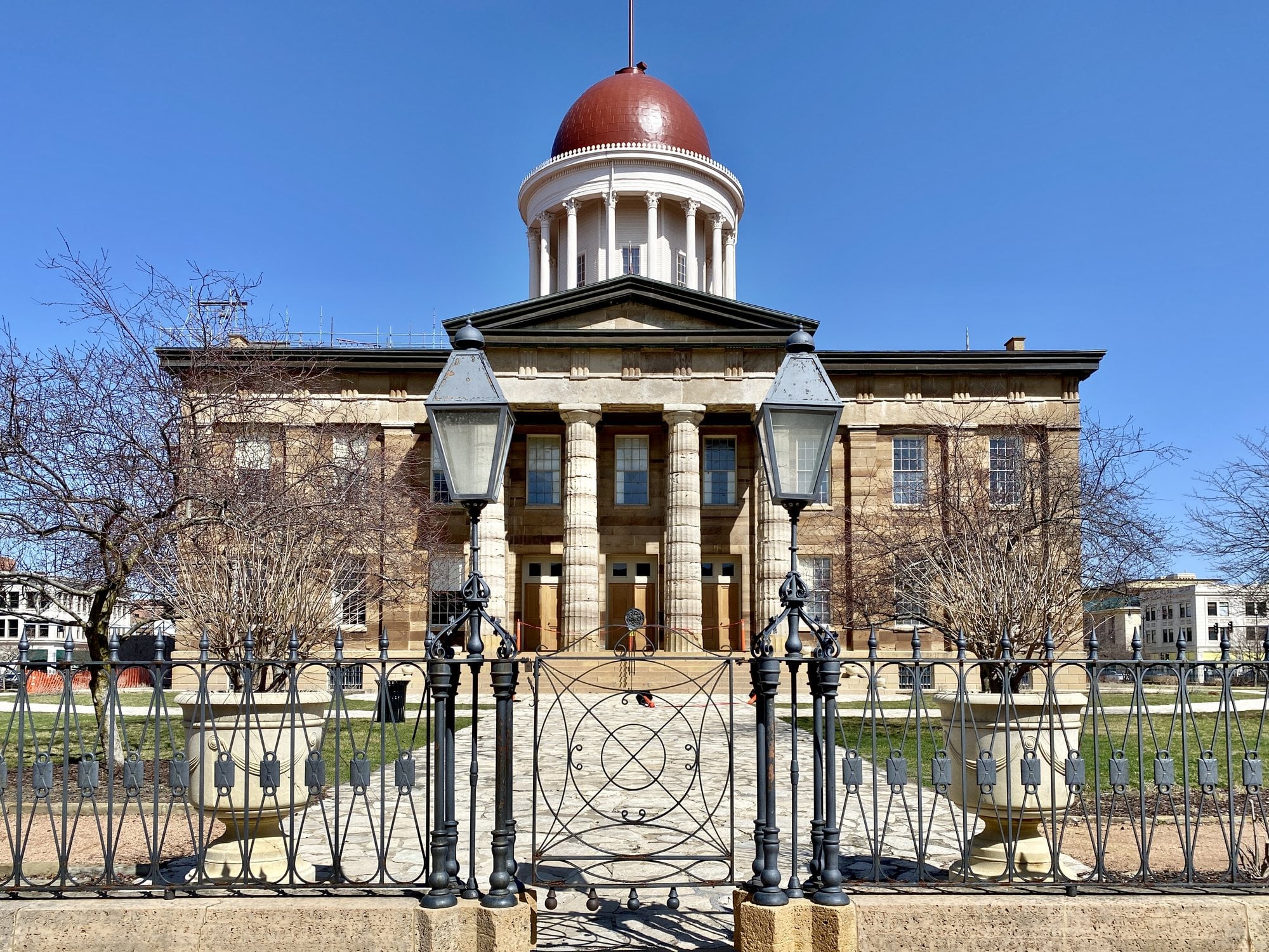 The domed Greek Revival Old Illinois State Capitol on Adams Street in downtown Springfield.