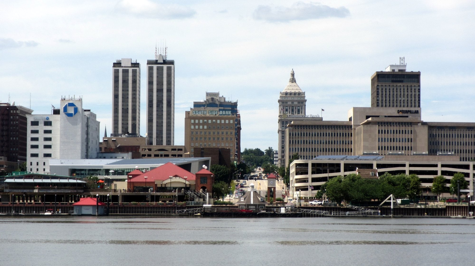 The downtown Peoria, Illinois, skyline rising along the riverfront across the Illinois River