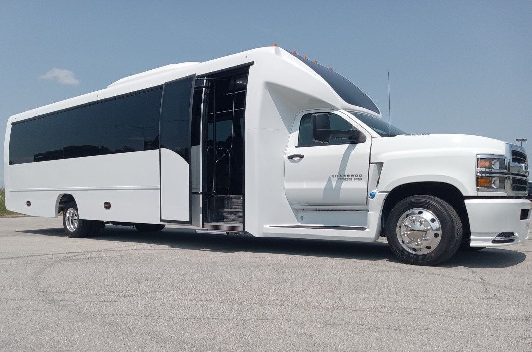 White Executive Transportation executive coach with its entry door open