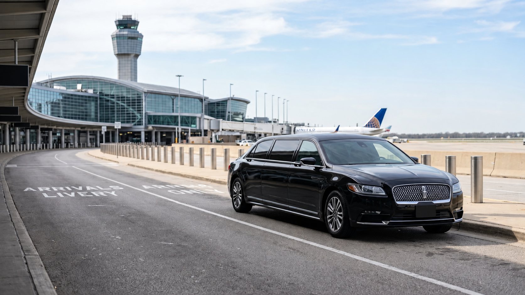 Black stretch limousine waiting in the arrivals livery lane outside an airport terminal