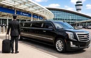 Uniformed chauffeur with a suitcase beside a black stretch limousine at an airport departures entrance
