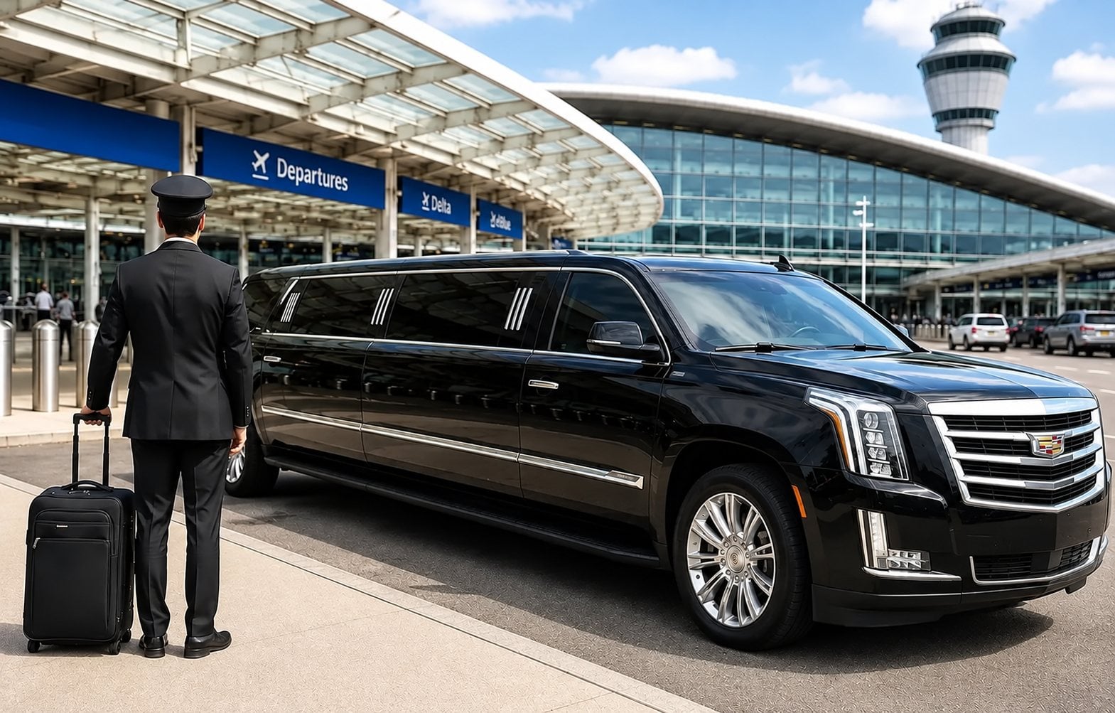 Uniformed chauffeur with a suitcase beside a black stretch limousine at an airport departures entrance